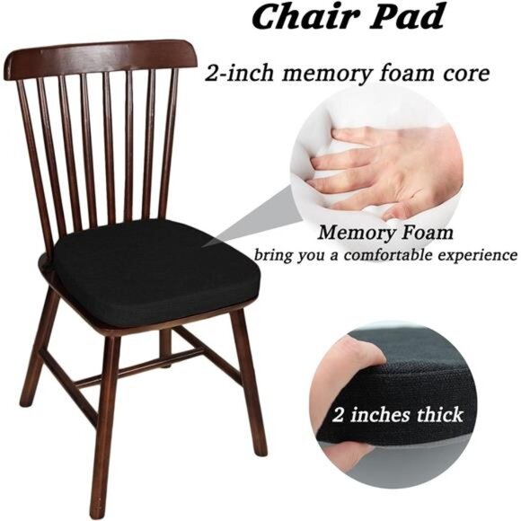 2 Inch Memory Foam Chair Cushion Kitchen Seat Pad Non Slip Washable Cover Black - Picture 3 of 7